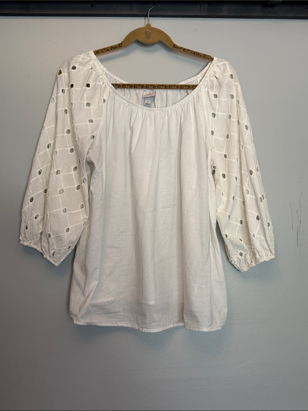 a new day White Eyelet 3/4 Sleeve Peasant Top